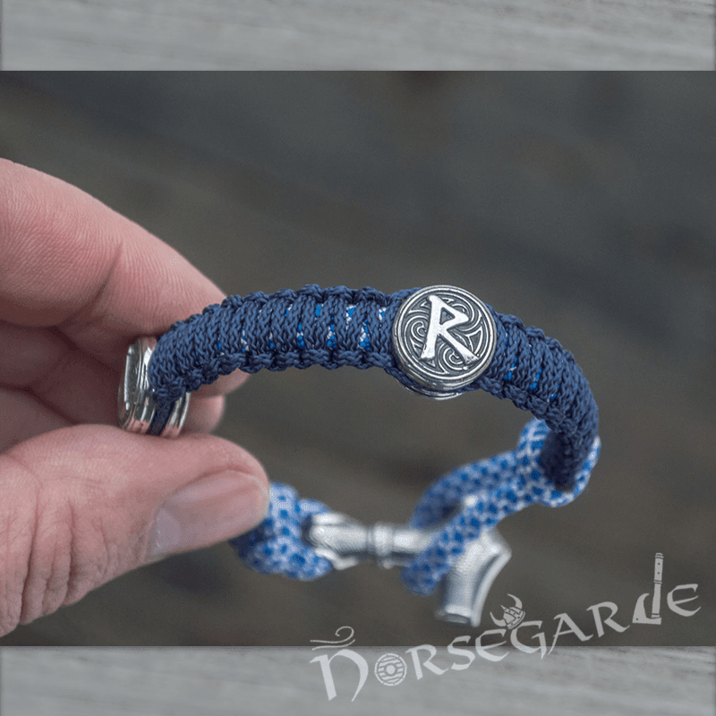 Handcrafted River Paracord Bracelet with Mjölnir and Runes - Sterling Silver