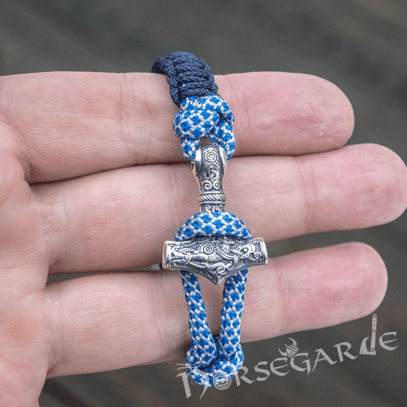 Handcrafted River Paracord Bracelet with Mjölnir and Runes - Sterling Silver