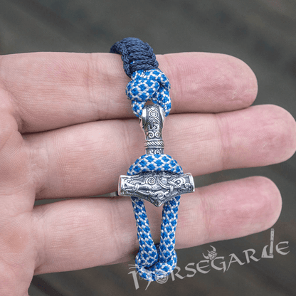 Handcrafted River Paracord Bracelet with Mjölnir and Runes - Sterling Silver