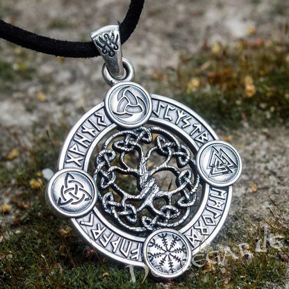 Handcrafted Rune Circle with Entwined Yggdrasil - Sterling Silver