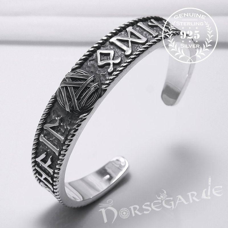 Handcrafted Runes and Valknut Arm Ring - Sterling Silver