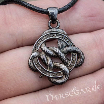 Handcrafted Runic Coiled Jormungandr Pendant - Ruthenium Plated Sterling Silver