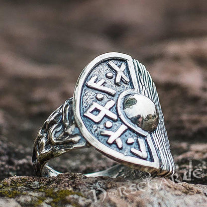 Handcrafted Runic Shield Signet Ring - Sterling Silver