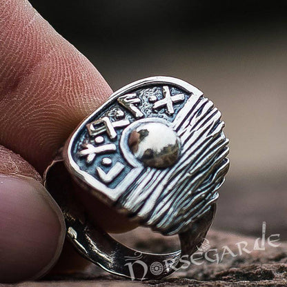 Handcrafted Runic Shield Signet Ring - Sterling Silver