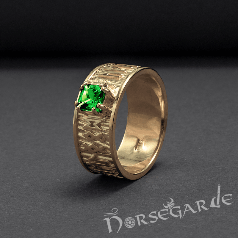 Handcrafted Thick Elder Futhark Band - Gold with Emerald