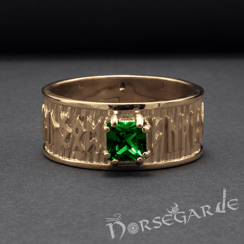 Handcrafted Thick Elder Futhark Band - Gold with Emerald
