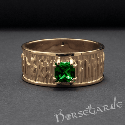 Handcrafted Thick Elder Futhark Band - Gold with Emerald