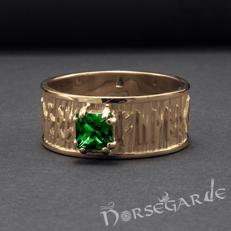 Handcrafted Thick Elder Futhark Band - Gold with Emerald