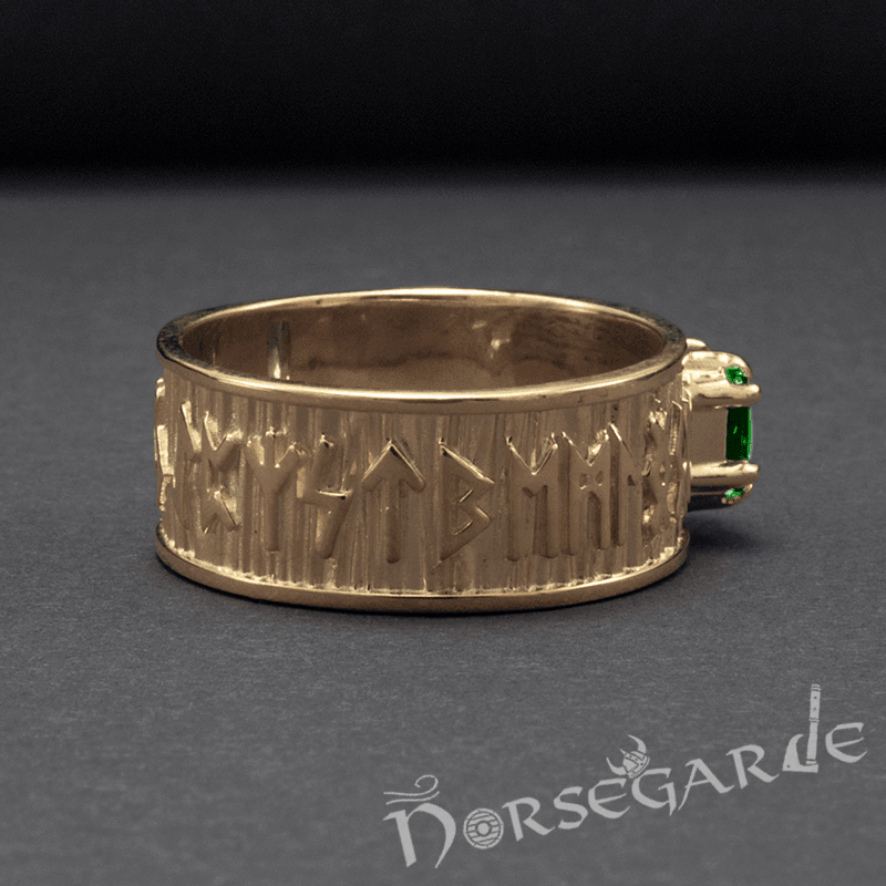 Handcrafted Thick Elder Futhark Band - Gold with Emerald