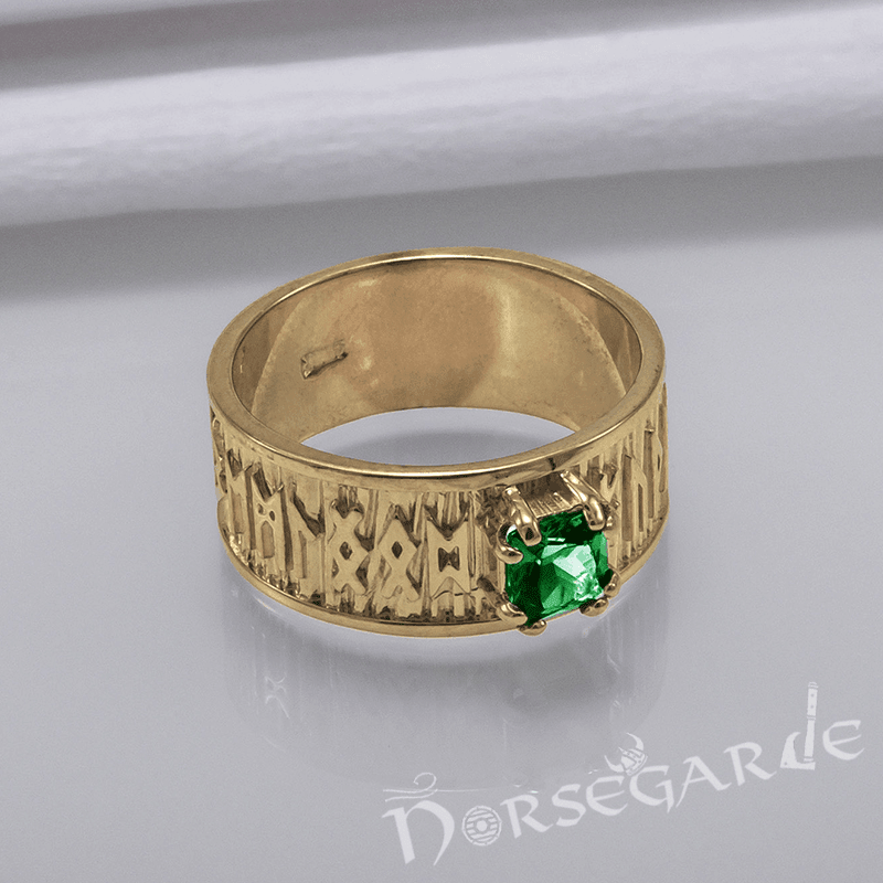 Handcrafted Thick Elder Futhark Band - Gold with Emerald