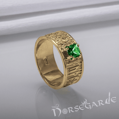 Handcrafted Thick Elder Futhark Band - Gold with Emerald