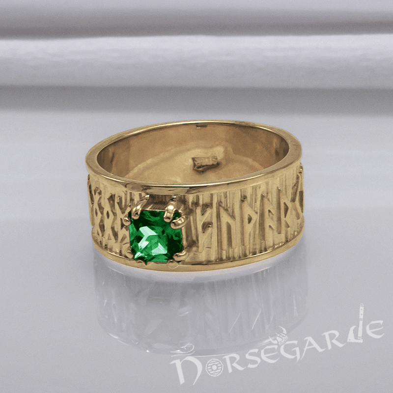 Handcrafted Thick Elder Futhark Band - Gold with Emerald