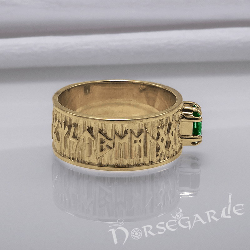 Handcrafted Thick Elder Futhark Band - Gold with Emerald