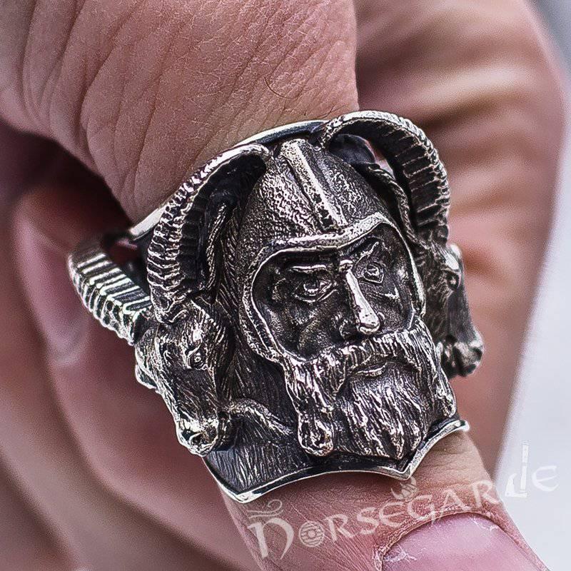 Handcrafted Thor and Goats Ring - Sterling Silver