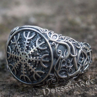 Handcrafted Urnes Style Helm of Awe Ring - Sterling Silver
