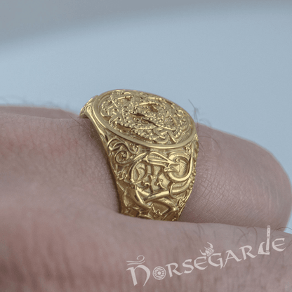 Handcrafted Urnes Style Jormungandr Ring - Gold