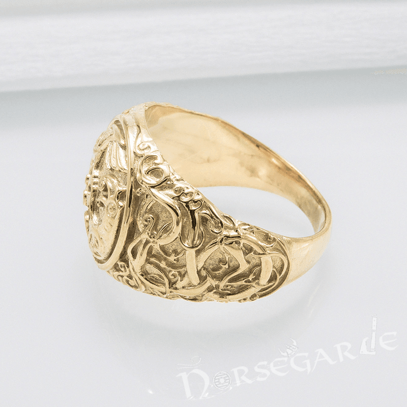 Handcrafted Urnes Style Ravens Ring - Gold