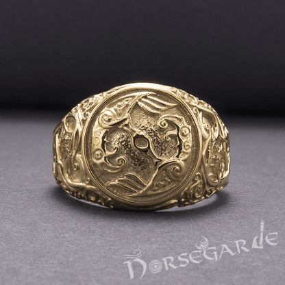 Handcrafted Urnes Style Ravens Ring - Gold