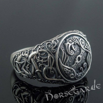 Handcrafted Urnes Style Ravens Ring - Sterling Silver