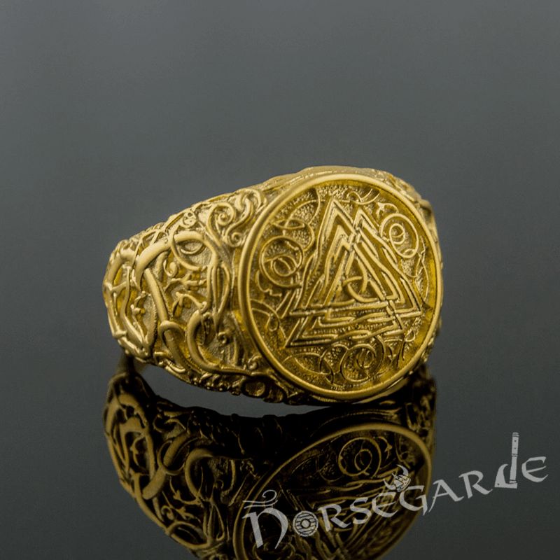 Handcrafted Urnes Style Valknut Ring - Gold