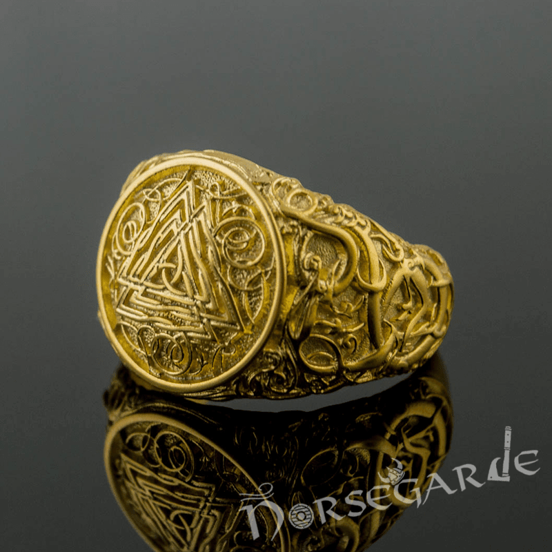 Handcrafted Urnes Style Valknut Ring - Gold