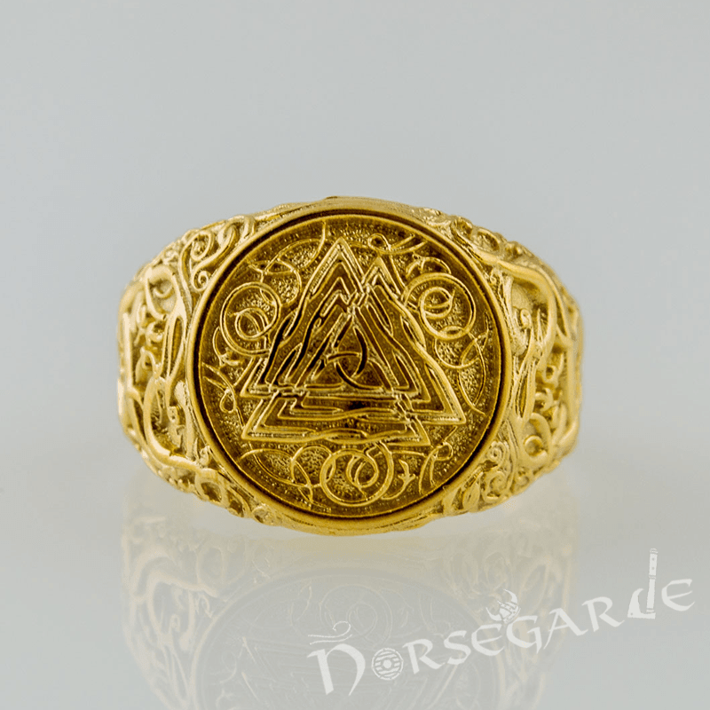 Handcrafted Urnes Style Valknut Ring - Gold