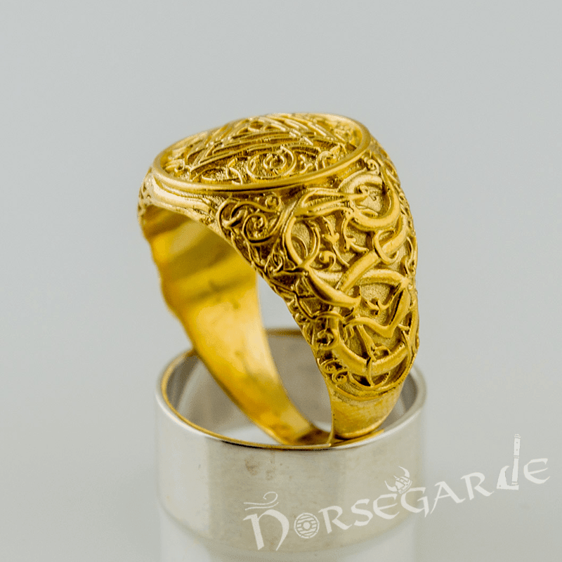 Handcrafted Urnes Style Valknut Ring - Gold