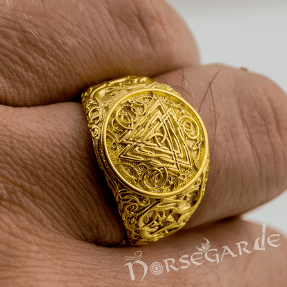 Handcrafted Urnes Style Valknut Ring - Gold