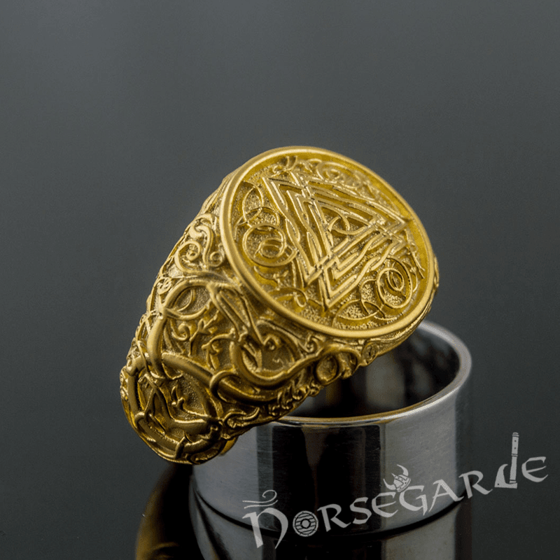 Handcrafted Urnes Style Valknut Ring - Gold