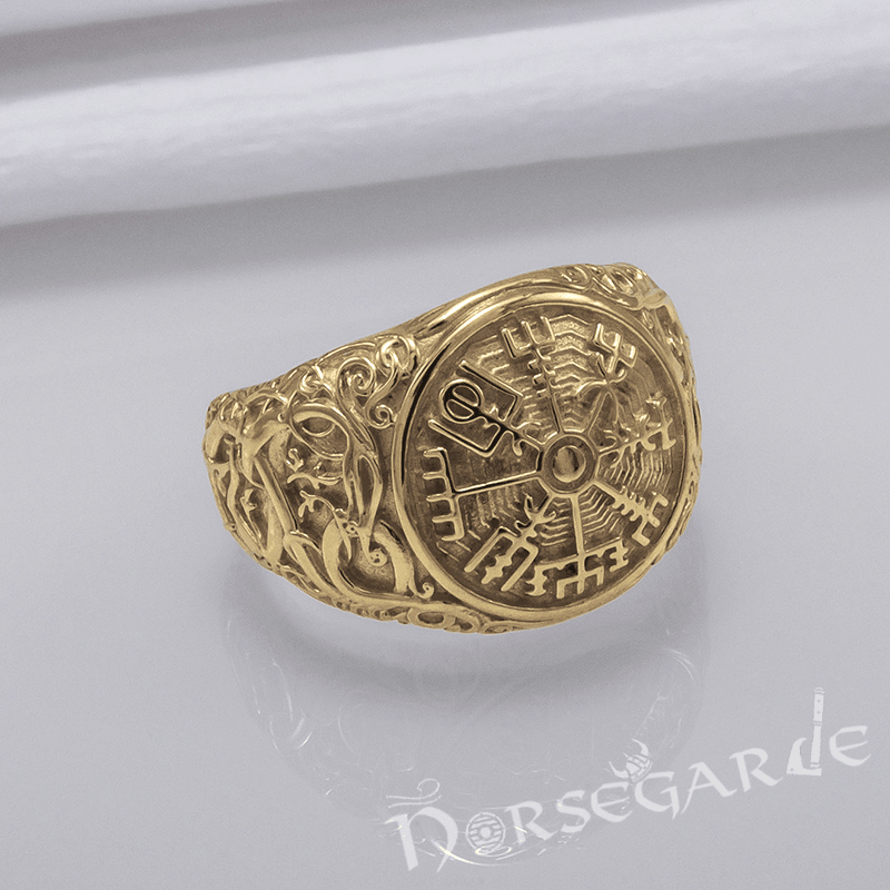 Handcrafted Urnes Style Vegvisir Ring - Gold