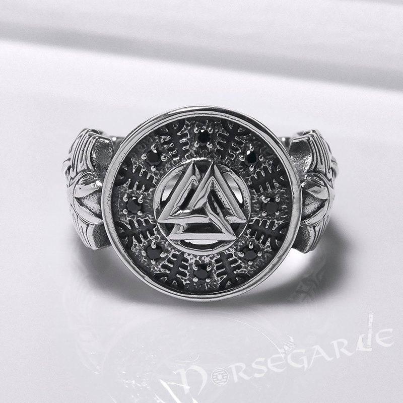 Handcrafted Valknut Shield Gemmed Ring - Sterling Silver