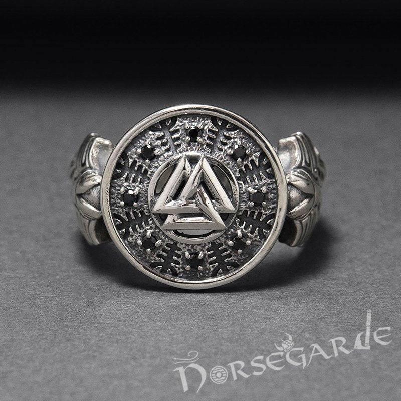 Handcrafted Valknut Shield Gemmed Ring - Sterling Silver