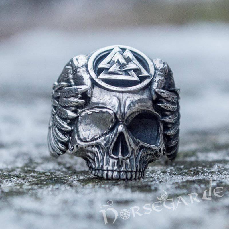 Handcrafted Valknut Skull and Ravens Ring - Sterling Silver