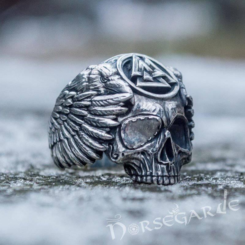 Handcrafted Valknut Skull and Ravens Ring - Sterling Silver