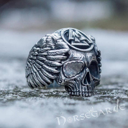 Handcrafted Valknut Skull and Ravens Ring - Sterling Silver