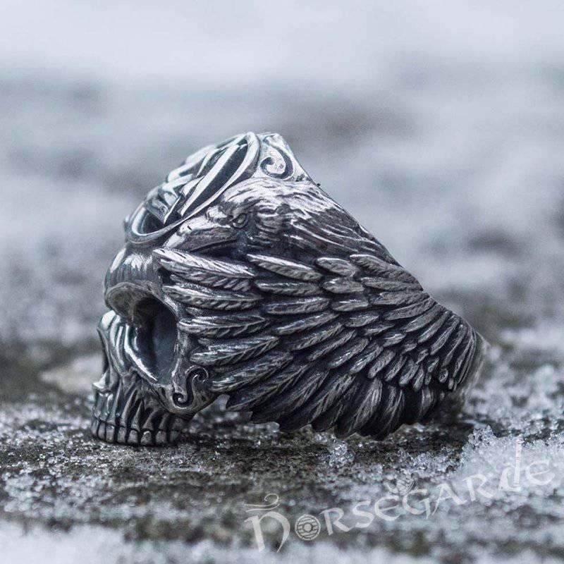 Handcrafted Valknut Skull and Ravens Ring - Sterling Silver