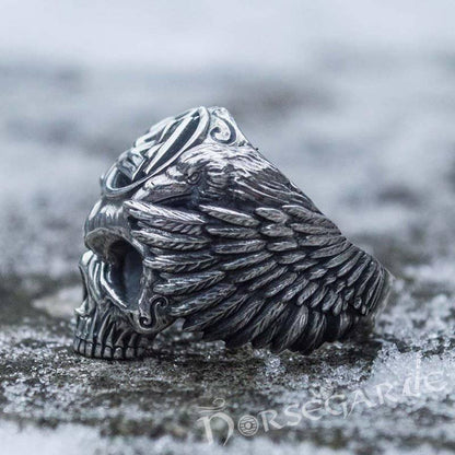Handcrafted Valknut Skull and Ravens Ring - Sterling Silver