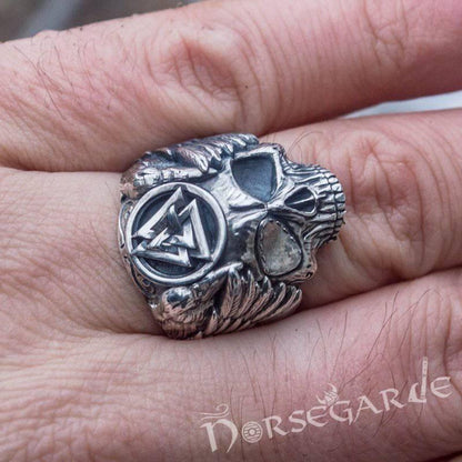 Handcrafted Valknut Skull and Ravens Ring - Sterling Silver