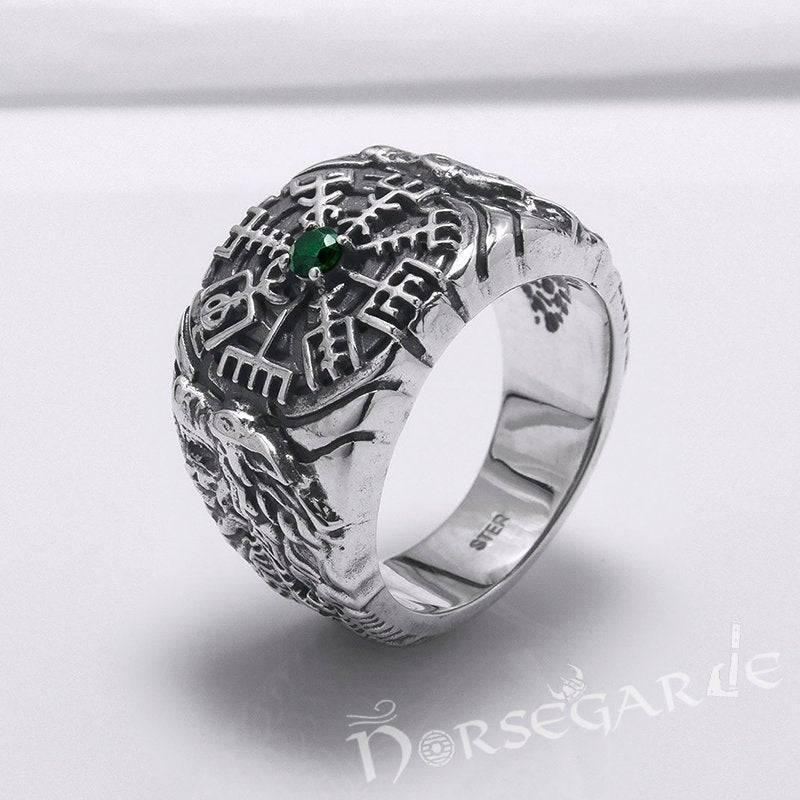 Handcrafted Vegvisir and Wolves Gemmed Ring - Sterling Silver