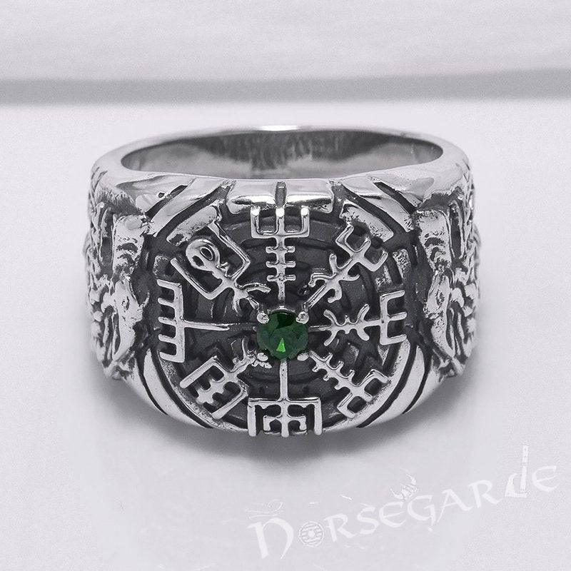 Handcrafted Vegvisir and Wolves Gemmed Ring - Sterling Silver