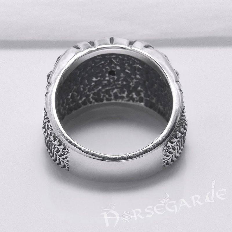 Handcrafted Vegvisir and Wolves Gemmed Ring - Sterling Silver