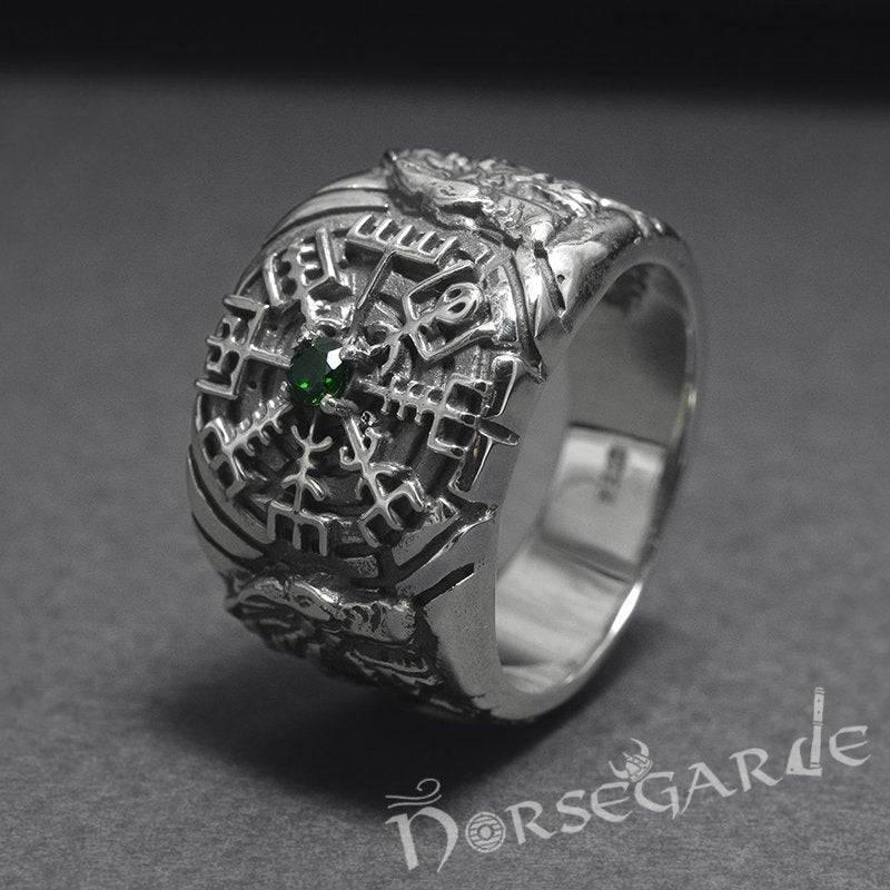 Handcrafted Vegvisir and Wolves Gemmed Ring - Sterling Silver