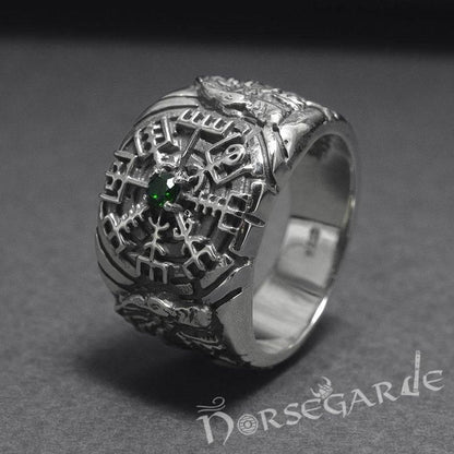 Handcrafted Vegvisir and Wolves Gemmed Ring - Sterling Silver