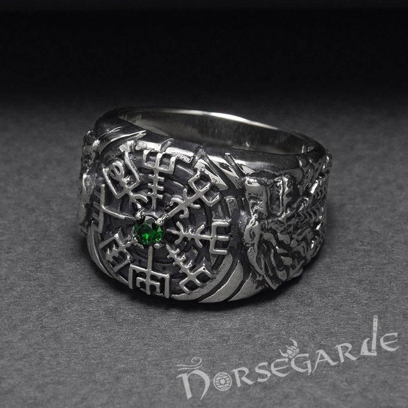 Handcrafted Vegvisir and Wolves Gemmed Ring - Sterling Silver