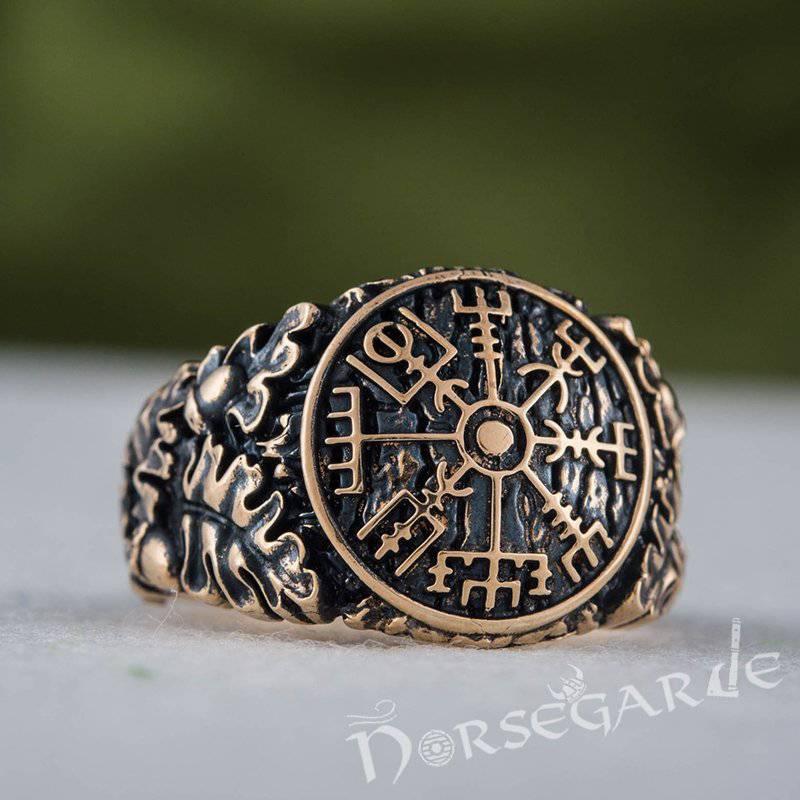 Handcrafted Vegvisir Rune Oak Leaves Ring - Bronze
