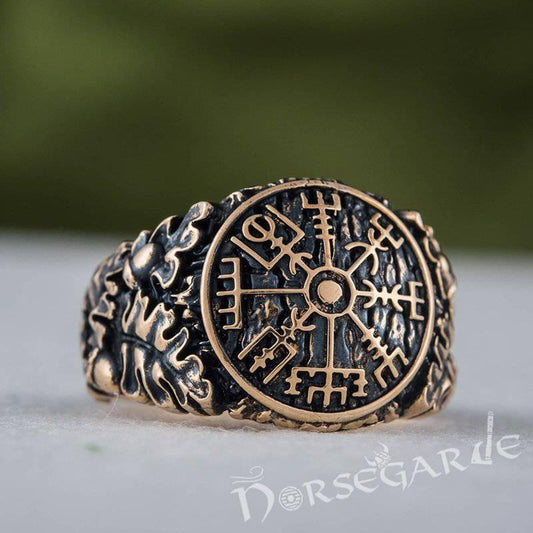 Handcrafted Vegvisir Rune Oak Leaves Ring - Bronze
