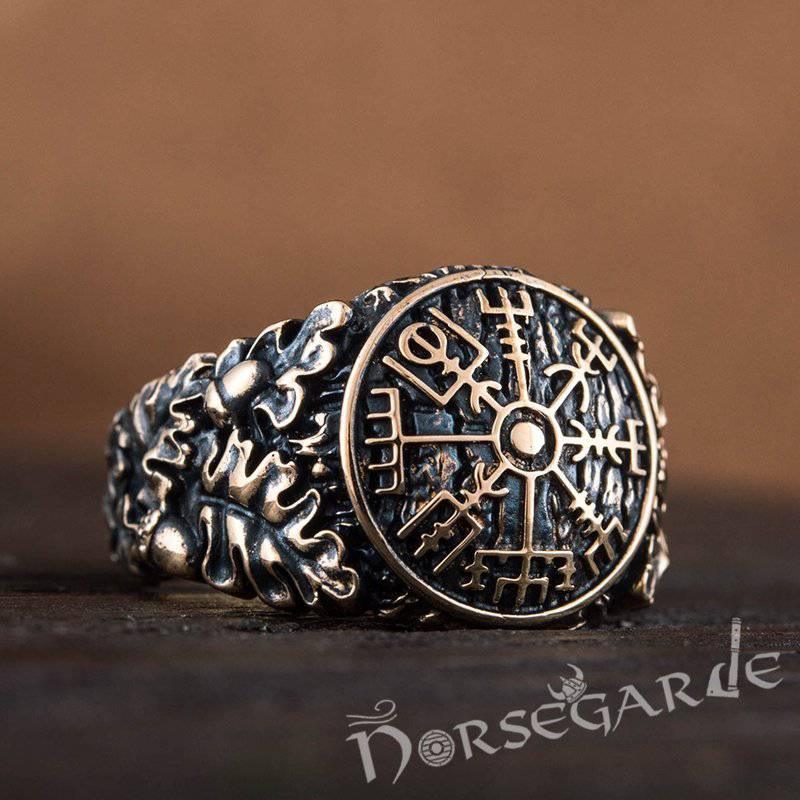 Handcrafted Vegvisir Rune Oak Leaves Ring - Bronze