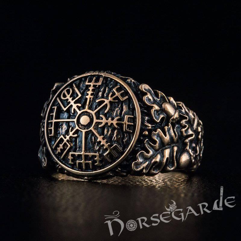 Handcrafted Vegvisir Rune Oak Leaves Ring - Bronze