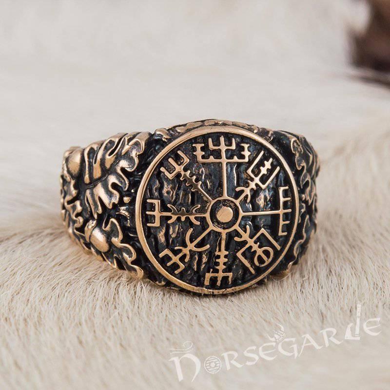 Handcrafted Vegvisir Rune Oak Leaves Ring - Bronze