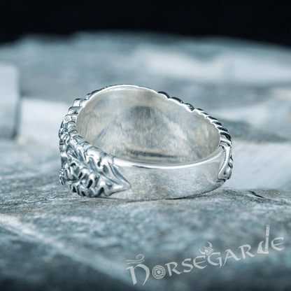 Handcrafted Vegvisir Rune Oak Leaves Ring - Sterling Silver